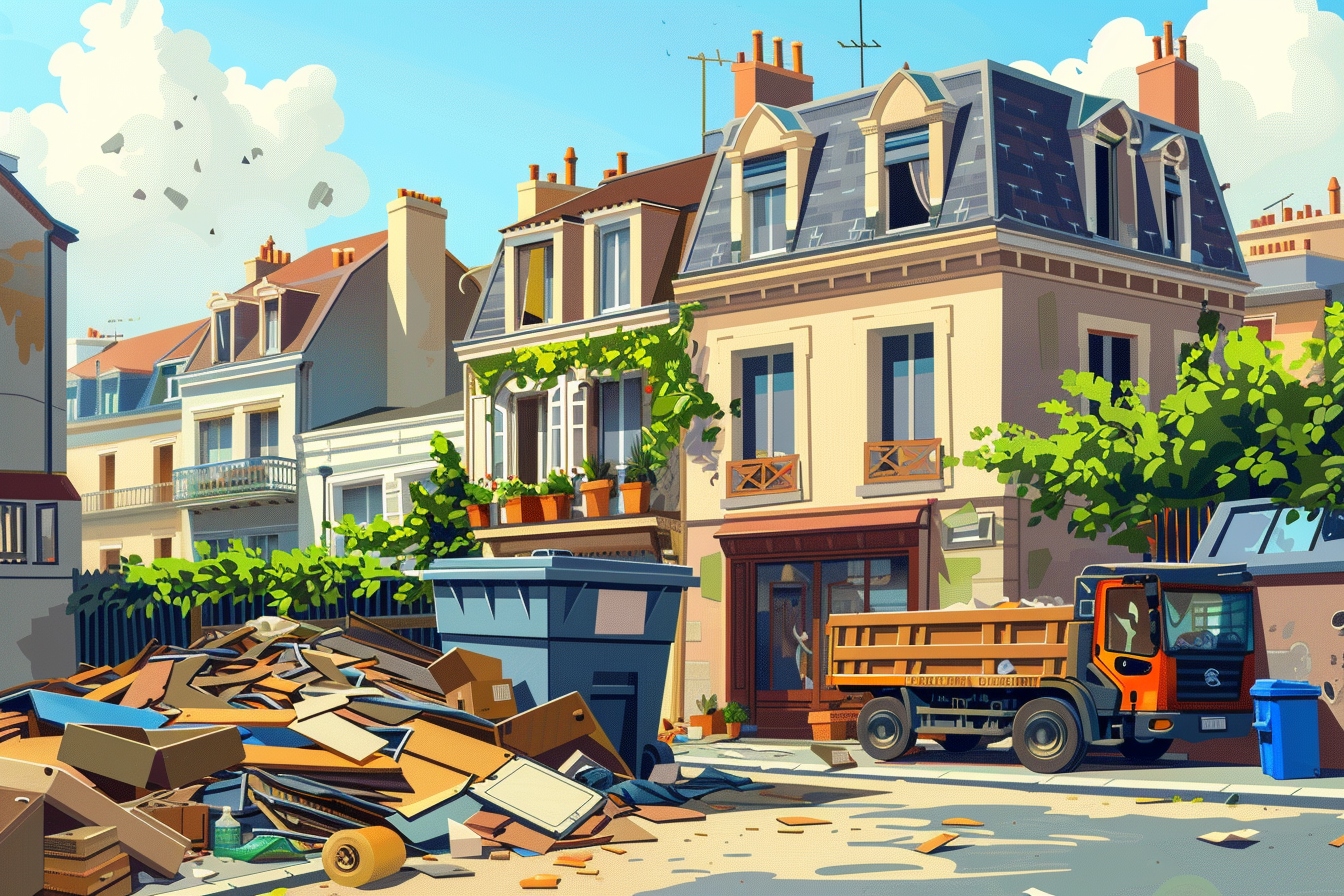 Benne de débarras pleine lors du nettoyage d'une maison à Clichy pour un déblaiement efficace