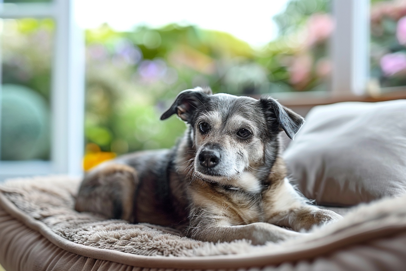 Vieux chien heureux se reposant dans sa nouvelle maison à Clichy après un déménagement paisible